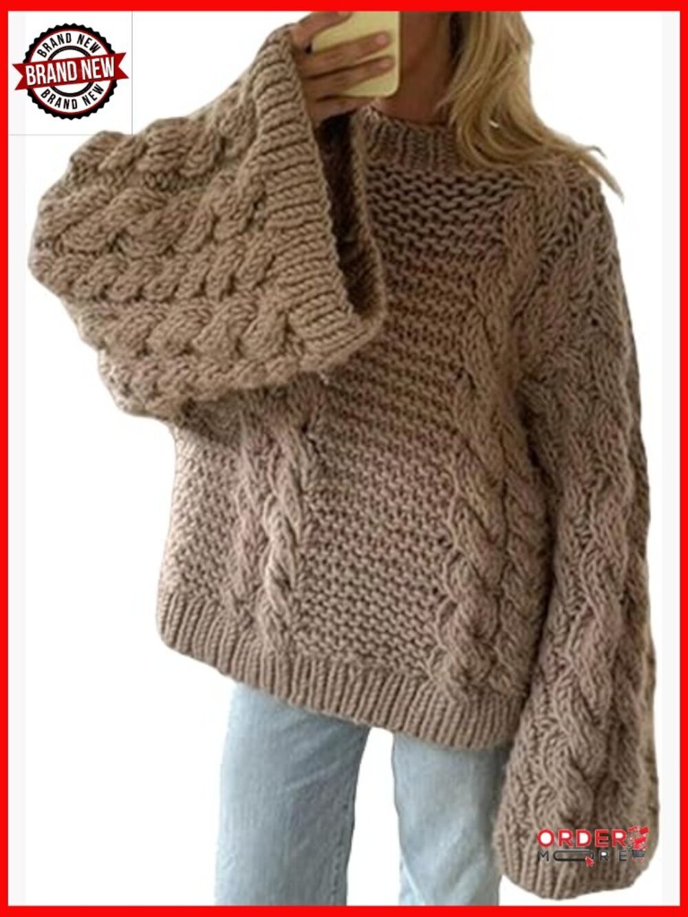 Oversized Cable Knit Sweater Crewneck Long Sleeve Chunky Tunic Tops